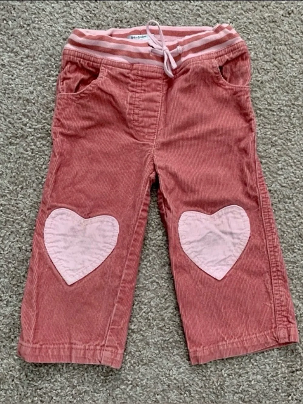 Baby Boden Rose Corduroy Pants with Light Pink Heart Knees
